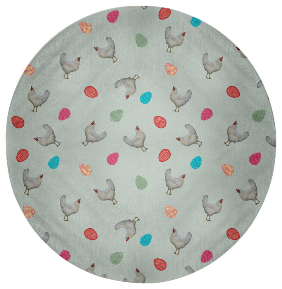 Chickens and Eggs Easter Chenille Rug, Breezeway Green, 5' Round