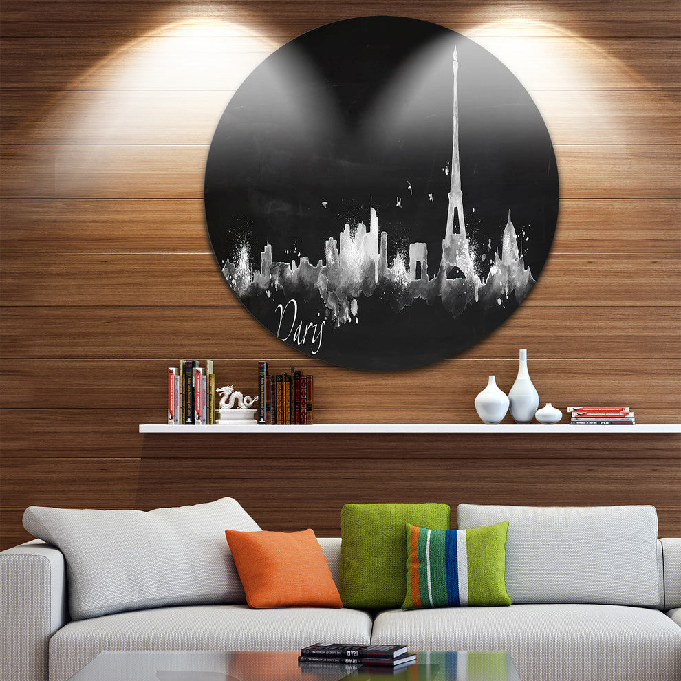 Paris Dark Silhouette, Cityscape Painting Round Wall Art, 11"