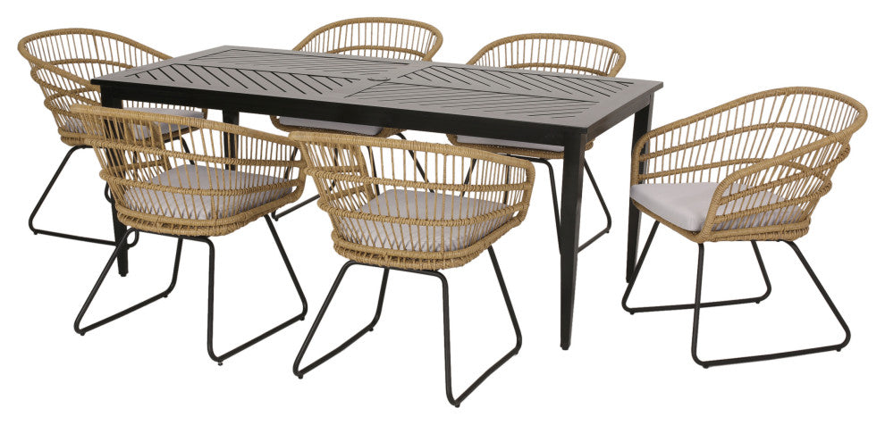 Bernay Outdoor Wicker and Aluminum 7 Piece Dining Set With Cushion, Light Brown