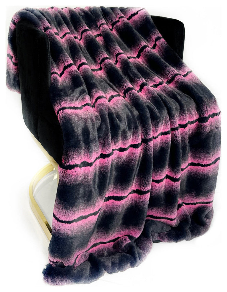 Plutus Fuchsia Black Fluffy Fields Faux Fur Throw Blanket, 90"L x 90"W Full
