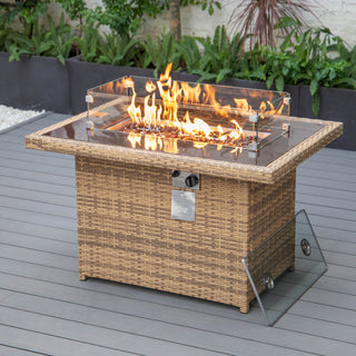 Outdoor Rectangular Fire Pit Table 55,000 BTU Wicker Design, Light Brown