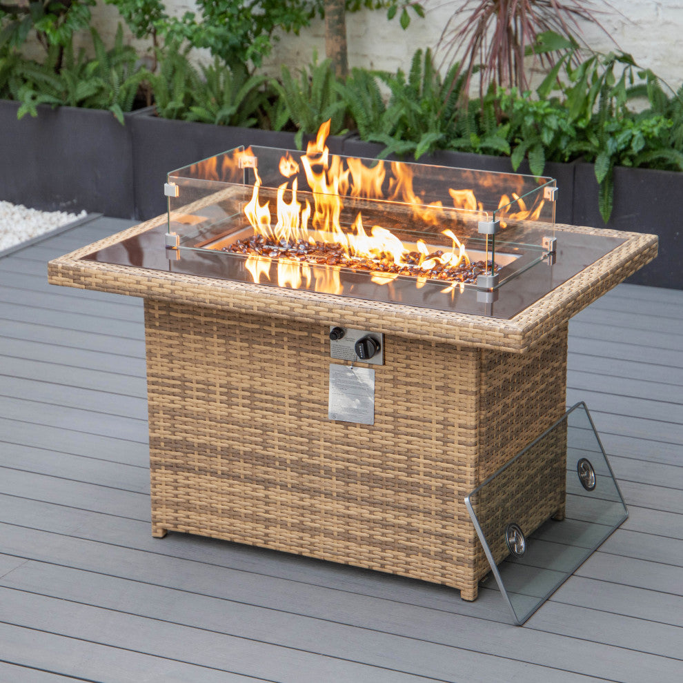 Outdoor Rectangular Fire Pit Table 55,000 BTU Wicker Design, Light Brown