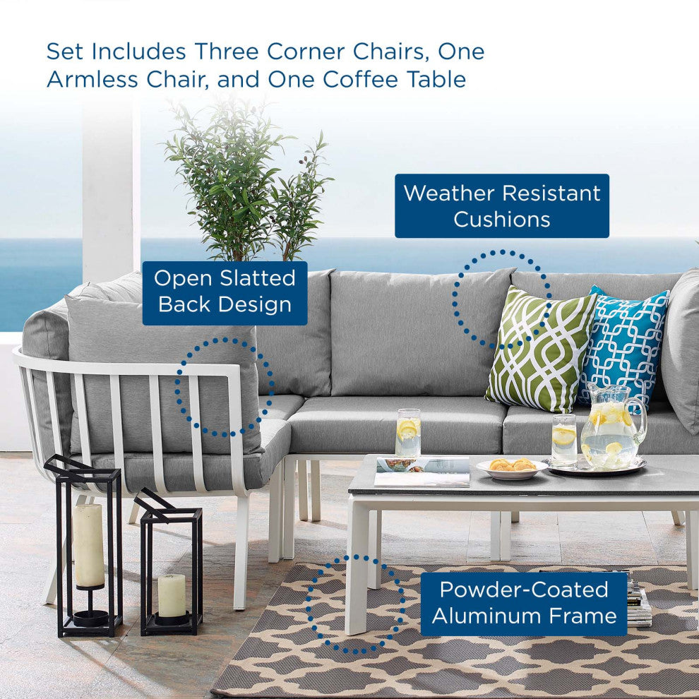 Lounge Sectional Sofa Chair Set, Aluminum, Metal, White Gray, Outdoor