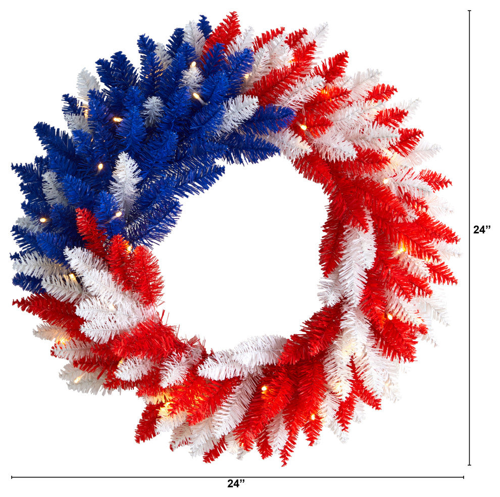 24" Patriotic Red, White and Blue "Americana" Wreath With 35 Warm LED Lights