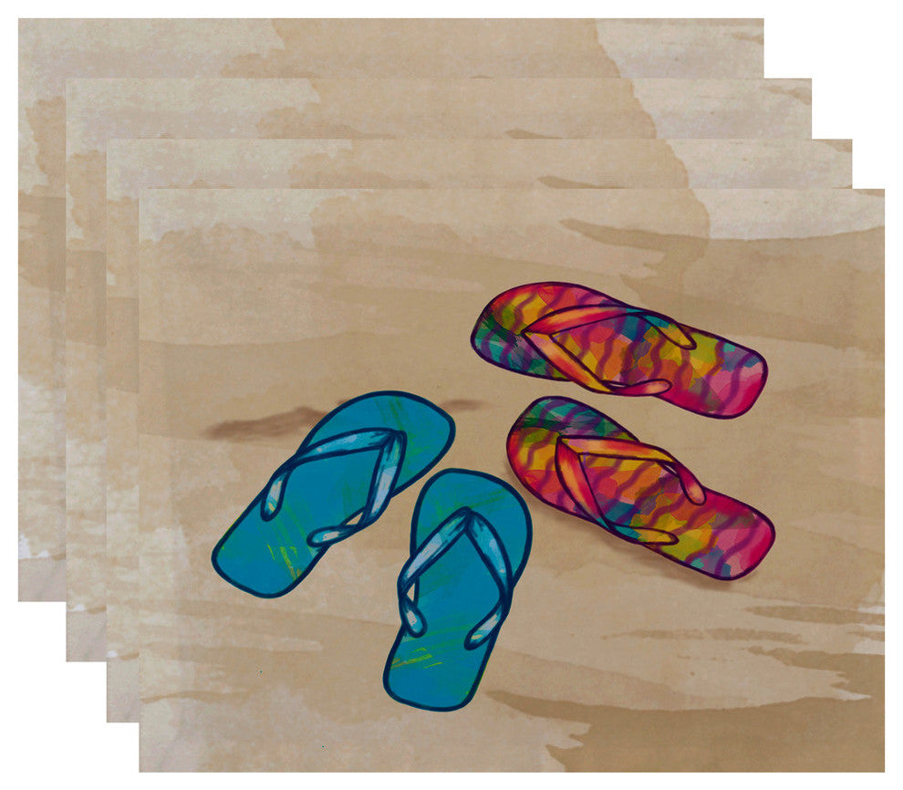 18"x14" Beach Shoes, Geometric Print Placemat, Turquoise, Set of 4