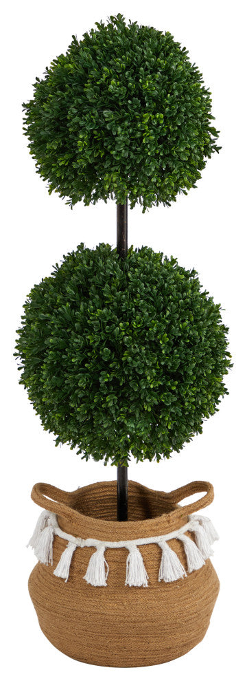 3.5' Boxwood Double Ball Faux Topiary Tree Handmade Woven Planter W/Tassels