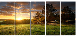 Fenced Ranch at Sunrise, Landscape Canvas Art Print, 60"x28", 5 Panels