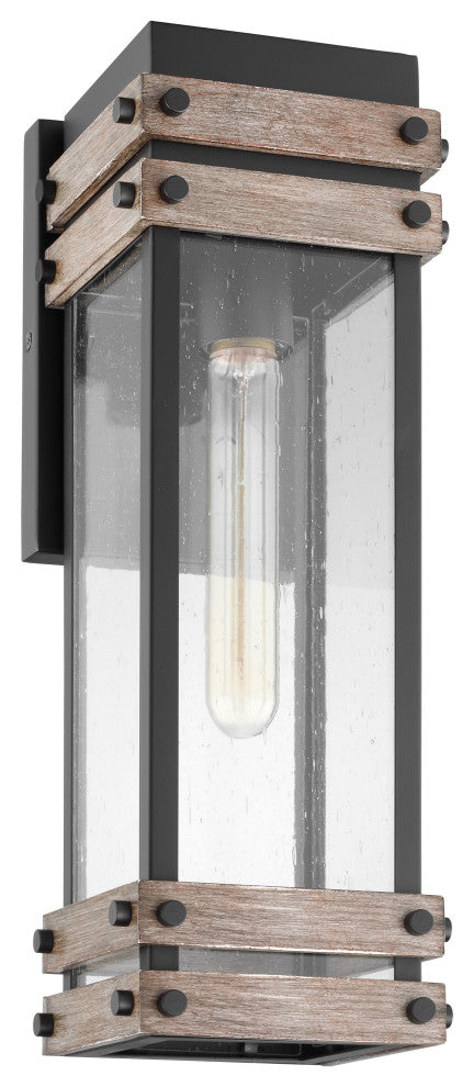 Homestead 1-Light Medium Wall Lantern, Matte Black/Wood/Clear Seed