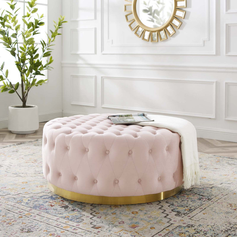 Tufted Accent Chair Ottoman, Round, Velvet, Pink, Modern, Lounge Hospitality