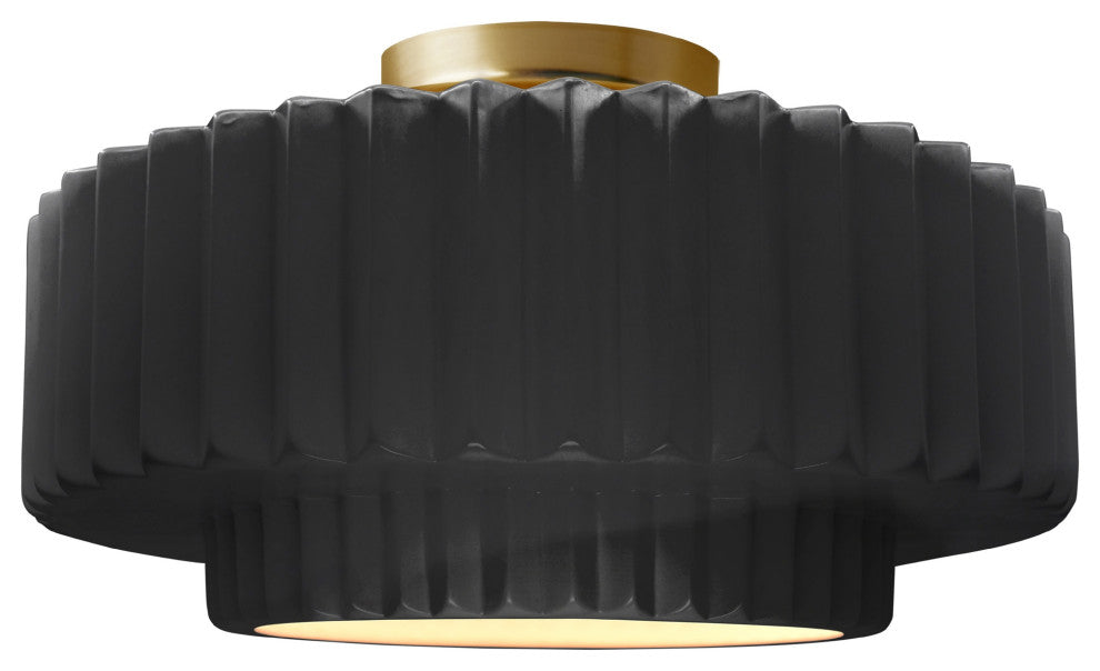 Radiance Large Tier Pleated Semi-Flush, Gloss Black Frame, Brushed Brass, LED