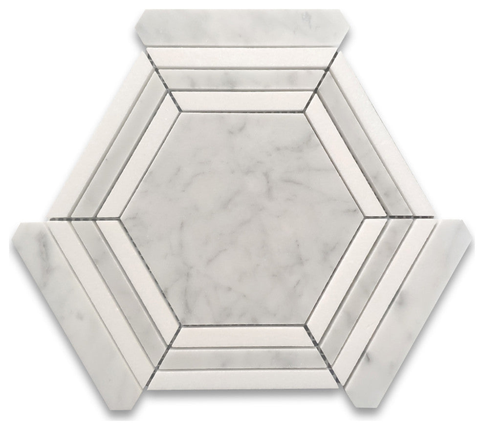 Carrara White Marble 5" Hexagon Georama Tile Thassos Strip Polished, 1 sheet