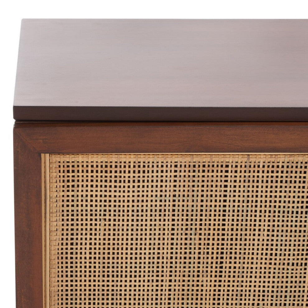 Close-up of top edge and woven rattan cabinet front on white background.