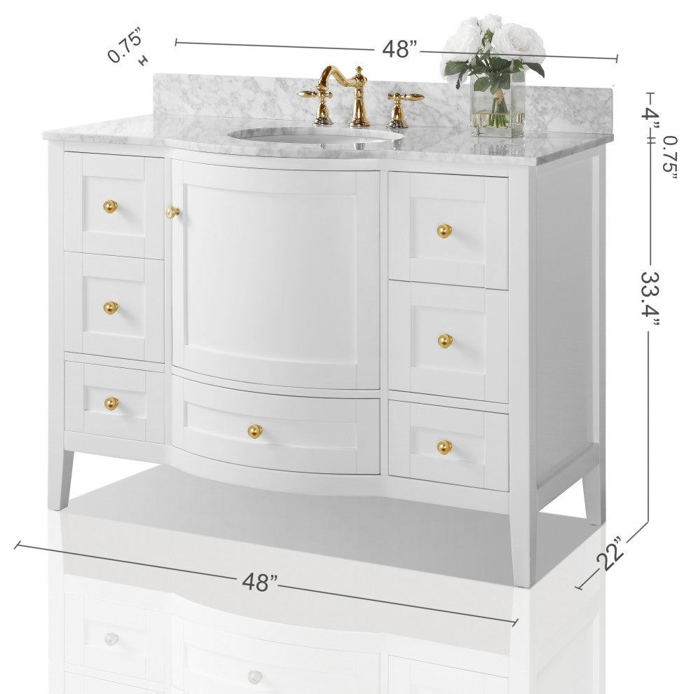 Lauren 48" Vanity Set, White, 48", Gold Hardware, Cararra White Marble Countertop and Mirror