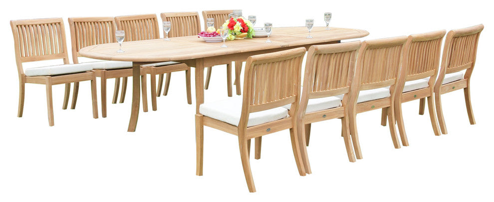 11-Piece Teak Dining Set, 117" Extn Oval Table, 10 Arbor Stacking Armless Chairs