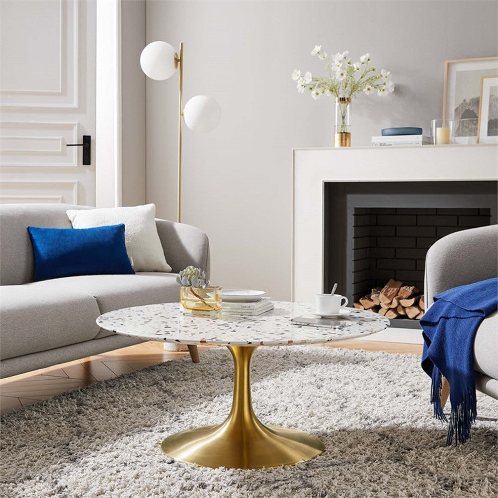 Modway Lippa 36" Round Modern Terrazzo & Metal Coffee Table in Gold/White