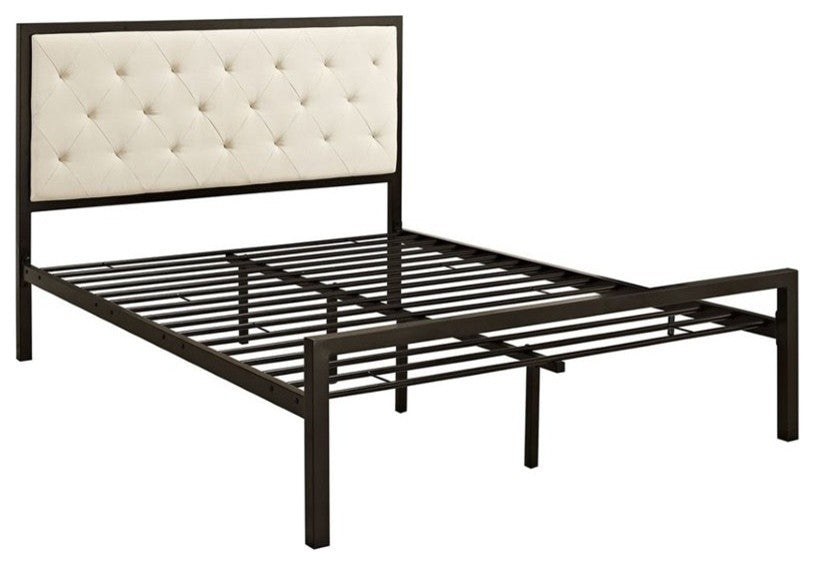 Mia Full Tufted Upholstered Fabric and Steel Bed, Brown Beige