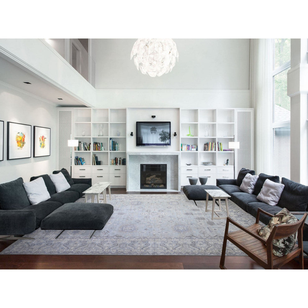 Chrome Gray Wool Hand Knotted White Wash Peshawar Oversized Rug, 11'10"x16'3"