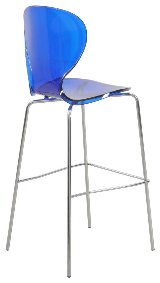 LeisureMod Oyster Acrylic Barstool With Steel Frame Set of 2, Transparent Blue