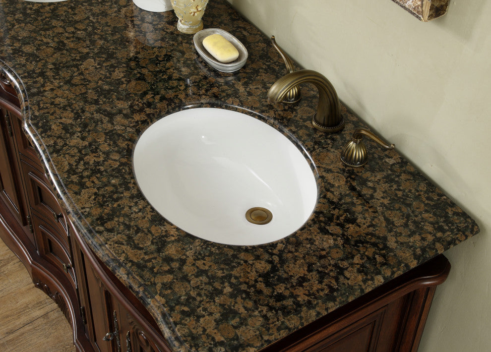 Cassandra 60" Dark Cherry Double Sink Bathroom Vanity, Baltic Brown Granite Top