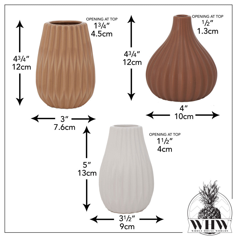 3 Piece Earthy Brown/ Tan/ White Table Vase Set, 5" Tall