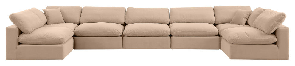 Comfy Upholstered U-Shaped Modular Sectional, Beige, 7-Piece: 5 Armless Chair, 2 Corner Chair, Velvet