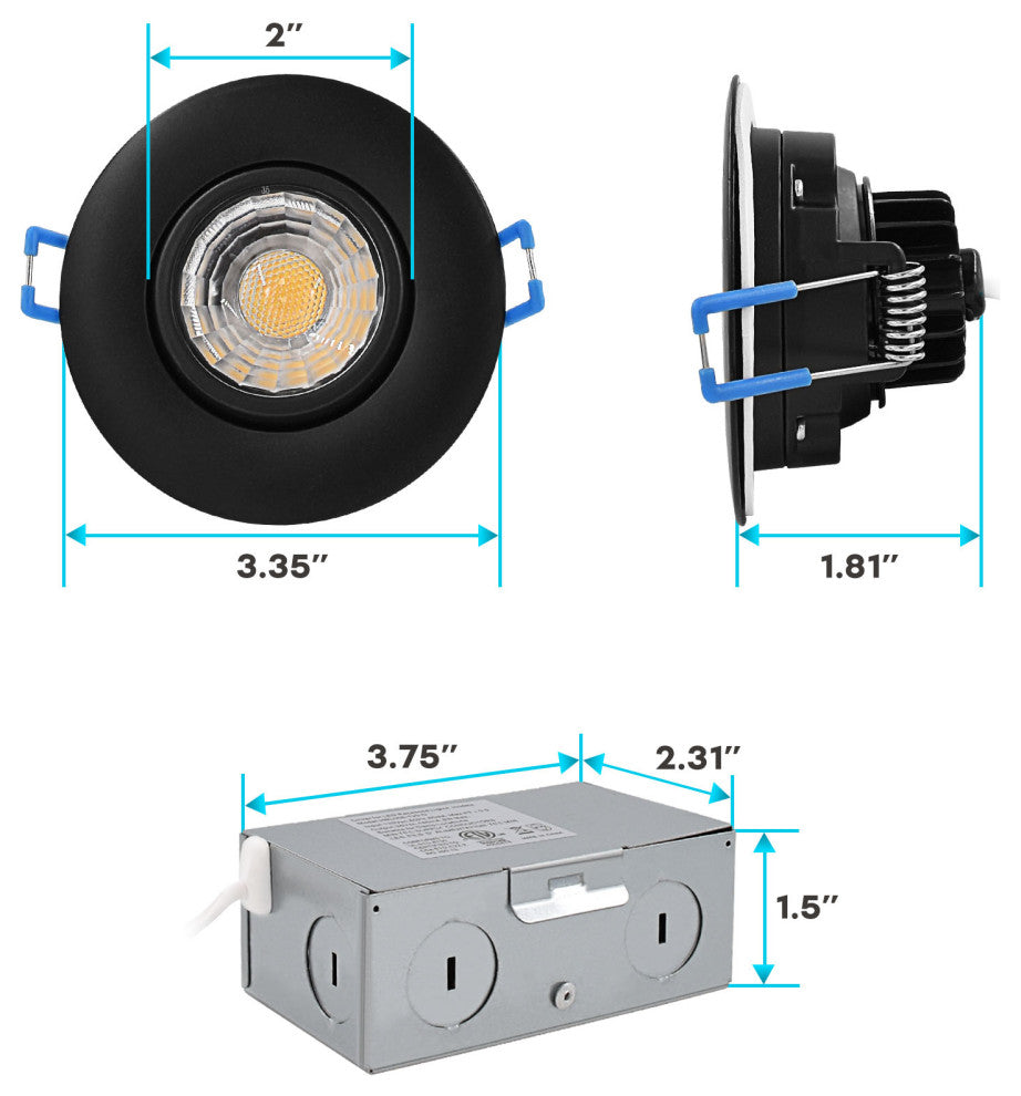 Luxrite 3" Gimbal LED Recessed Light J-Box 8W 5 CCT Black 6 Pack