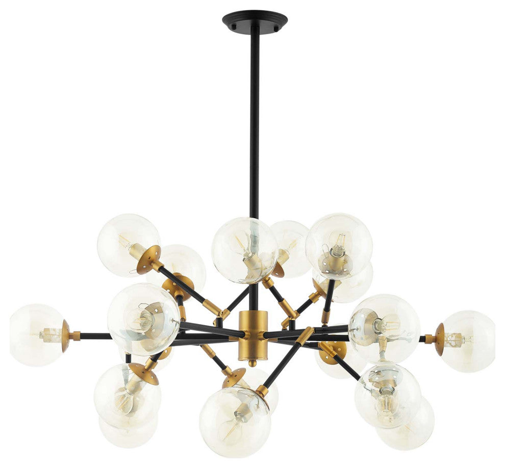 Sparkle Amber Glass And Antique Brass 18 Light Mid-Century Pendant Chandelier