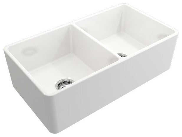 BOCCHI 1139-001-2020SS Farmhouse Fireclay 33 Inch Double Bowl Kitchen Sink Kit