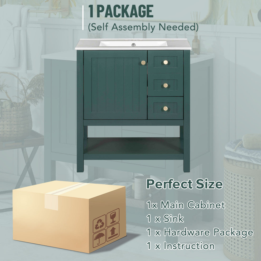 30 Inch Transitional Style Bathroom Vanity Cabinet Combo with Ceramic Sink, Green
