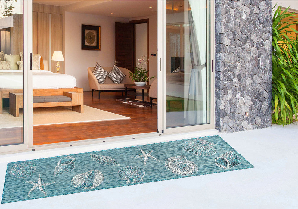 Carmel Shells Indoor/Outdoor Rug, Aqua, 1'11"x7'6" Runner