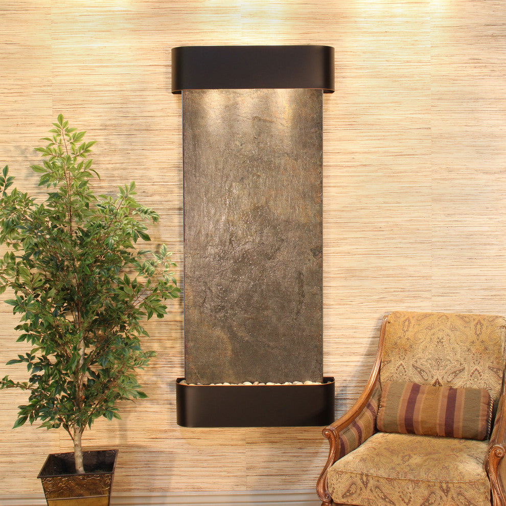Inspiration Falls Water Fountain, Green Featherstone, Blackened Copper, Round