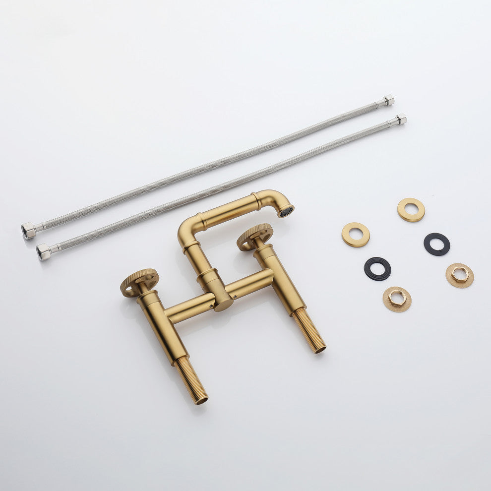 Deck Mounted Dual Handle Bridge Bathroom Faucet, Brushed Gold