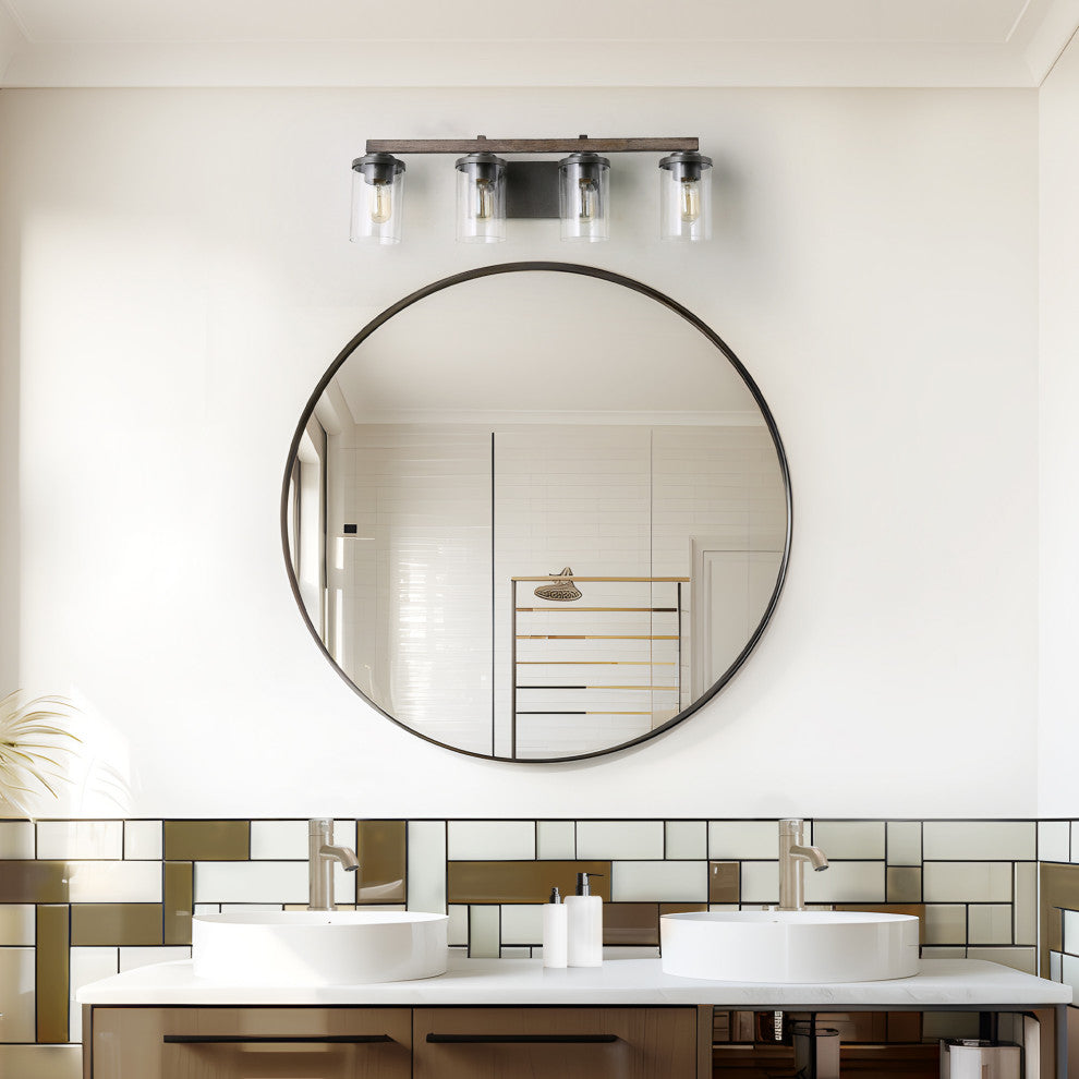 LALUZ Clear Glass Farmhouse Bathroom Vanity Lights, Bronze and Wood Grain, 4-Light