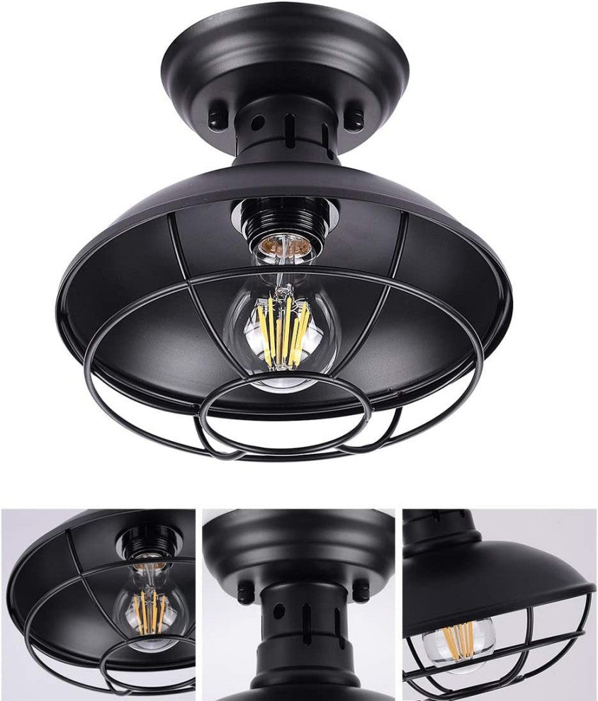 Vintage Industrial Semi Flush Mount Ceiling Light Fixture Farmhouse Black Cage