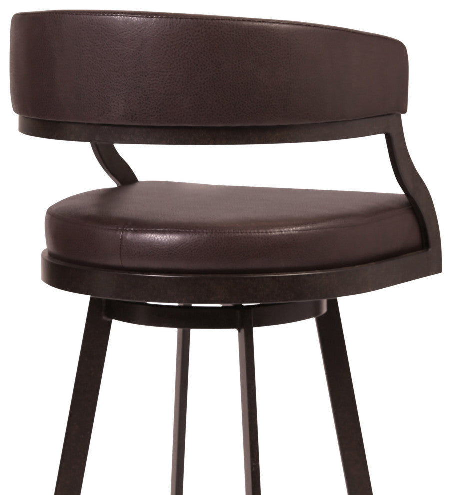 Benzara BM282117 30" Swivel Bar Stool Chair Curved, Faux Leather, Auburn Brown