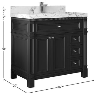 Paris 36" Center Sink Bathroom Vanity, White 2" White Quartz