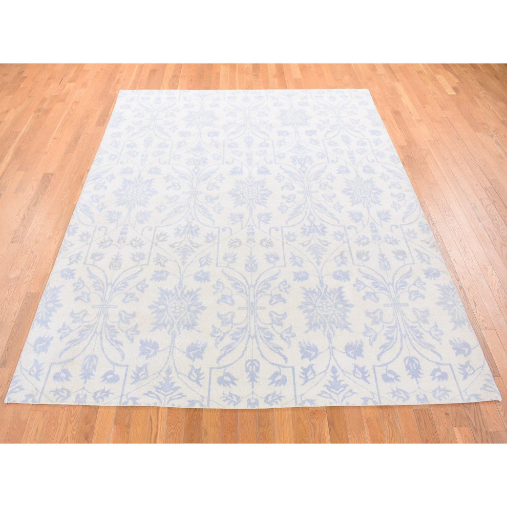 Gray on Beige Lotus Flower Design Tone on Tone Hand Knotted Wool Rug, 8'x9'10"