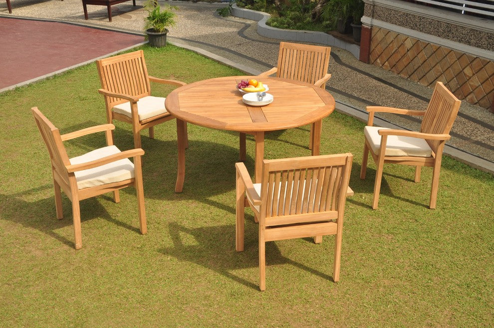 6-Piece Outdoor Teak Dining Set: 52" Round Table, 5 Leveb Stacking Arm Chairs