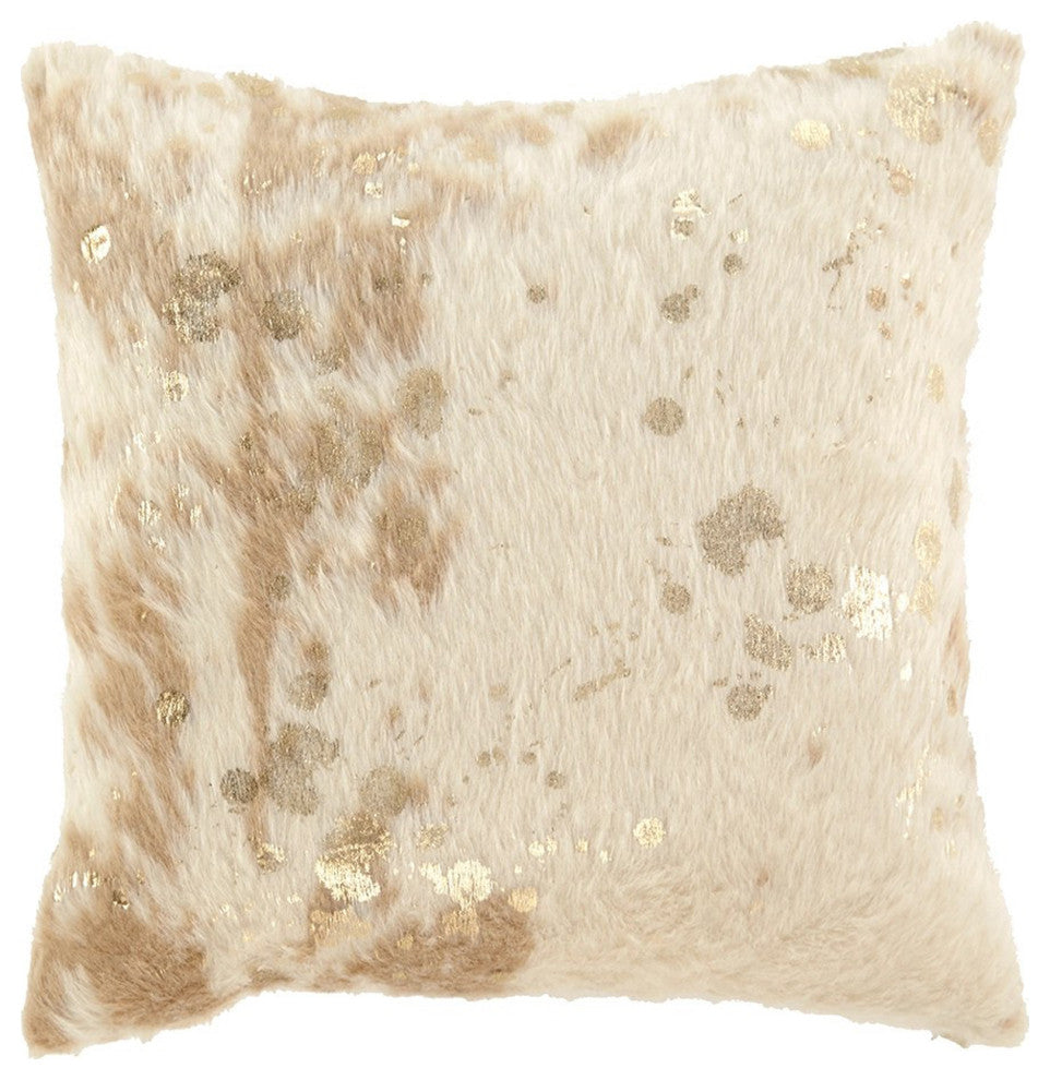 Benzara BM231906 Faux Fur Pillow With Zipper Closure, 4-Piece Set, Cream & Gold