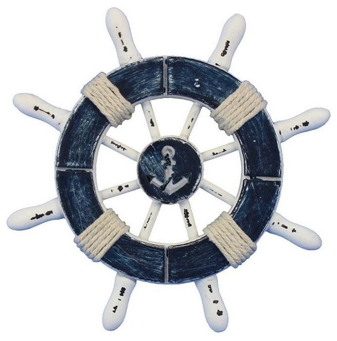 Rustic Dark Blue and White Decorative Ship Wheel With Anchor 6'', Boat Wheel