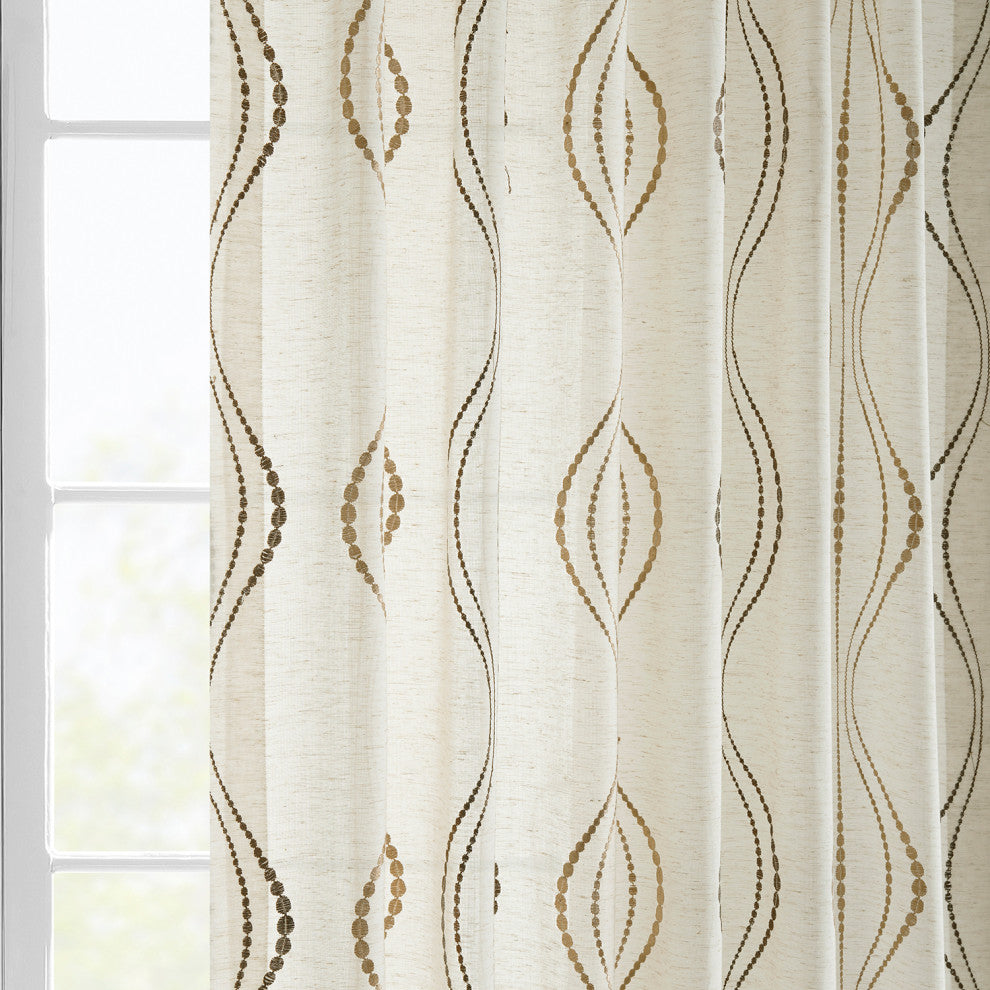 Suez Bronze Embroidered FauxLinen Sheer Curtain Single Panel, 50"x96"