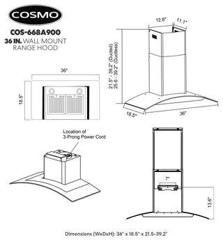 Cosmo 380 CFM Wall Mount Range Vent Hood With Permanent Filters, 36"