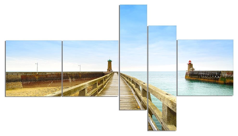 Pier and Lighthouse France, Seascape Canvas Art Print, 60"x32", 5 panels