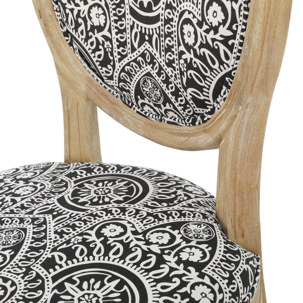 Dason French Country Fabric Upholstered Wood 7-Piece Dining Set, Black and White Print/Natural