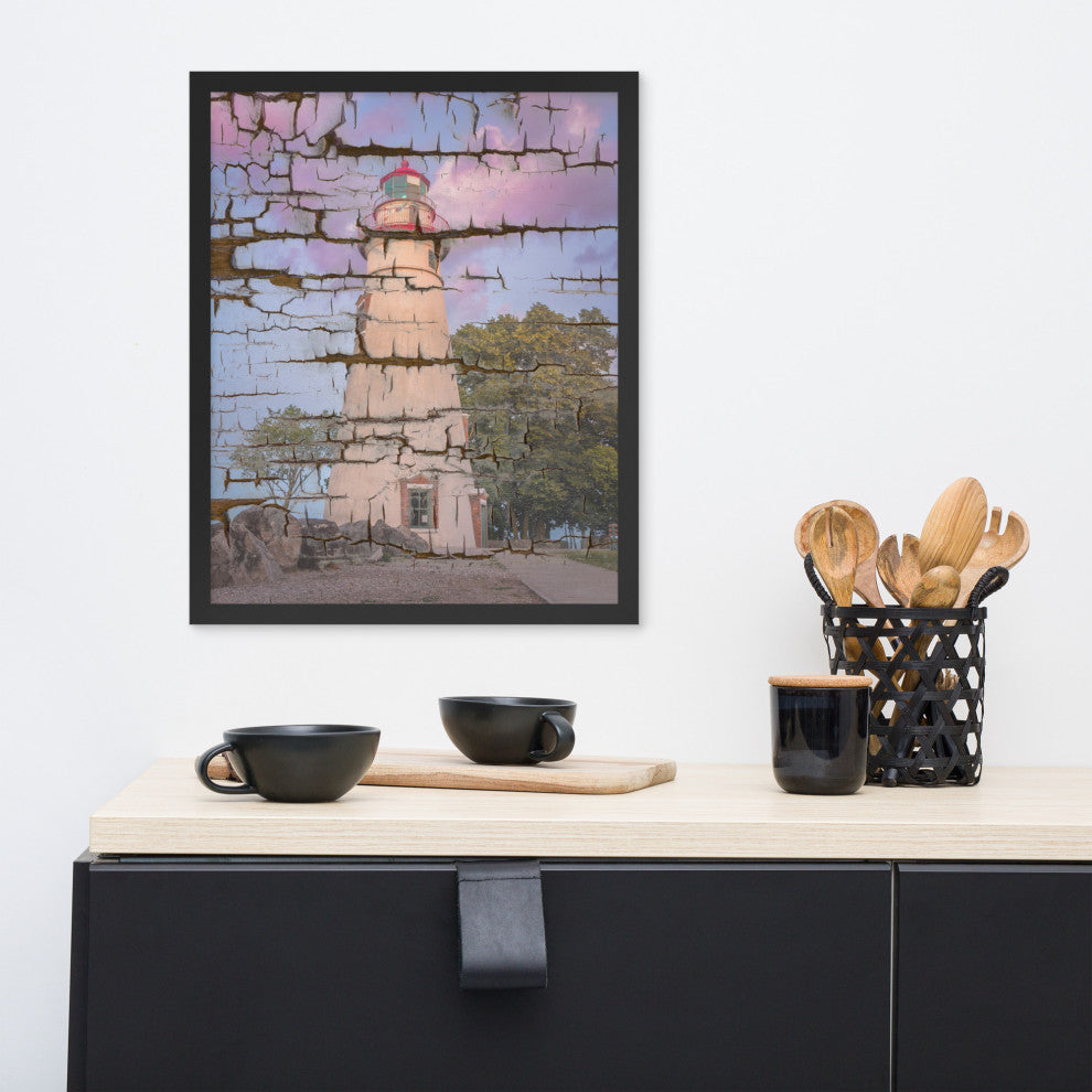 Faux Wood Texture Marblehead Lighthouse at Sunset Framed Photo Wall Art Print, Black, 16" X 20"