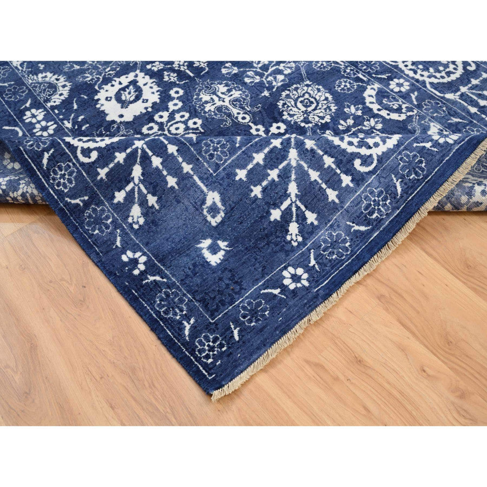 Tone On Tone Tabriz Hand Knotted Wool and Silk Blue Oriental Rug, 6'0" x 8'10"