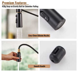 Kitchen Sink Faucet 1.8 GPM with Pull Down and 3 Models Sprayer Single Handle, Matte Black+brushed Gold