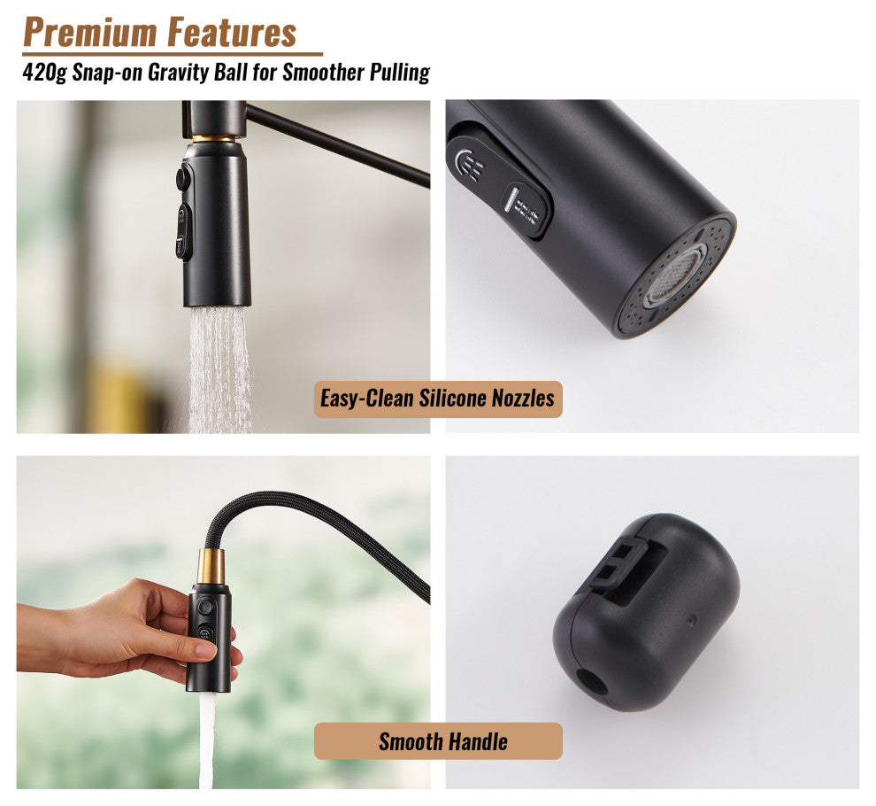 Kitchen Sink Faucet 1.8 GPM with Pull Down and 3 Models Sprayer Single Handle, Matte Black+brushed Gold