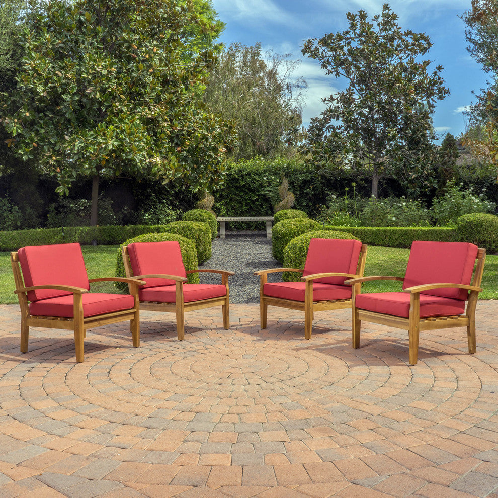 GDF Studio Preston Outdoor Wooden Club Chairs, Red, Set of 4