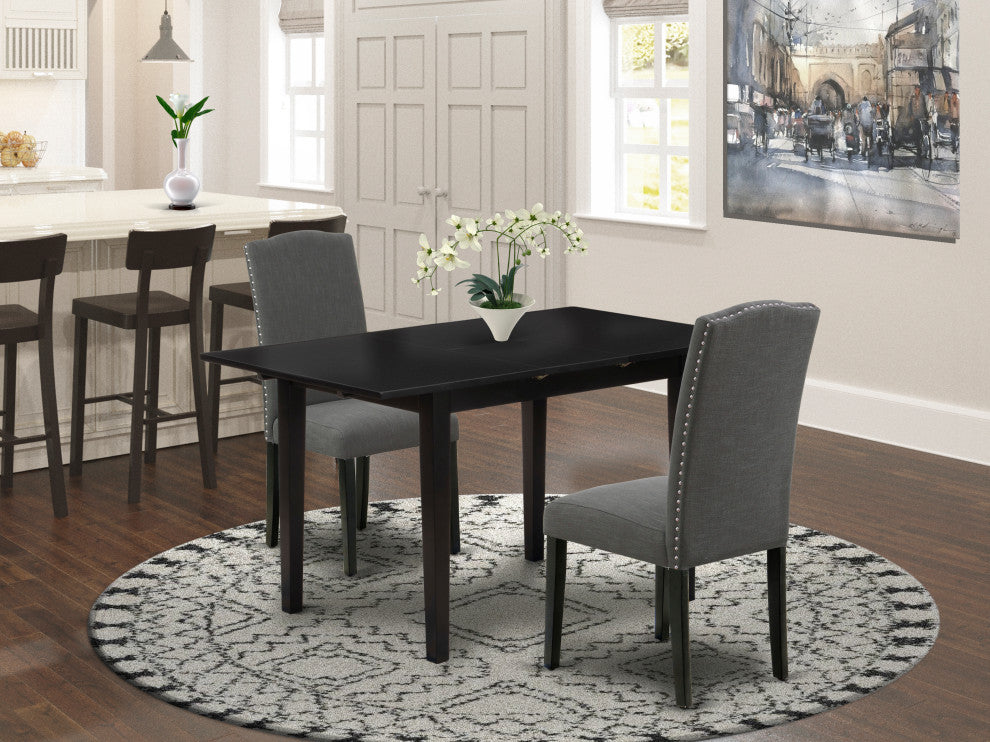 3-Pc Wood Dinette Set, Chairs, Butterfly Leaf Wood Table, Black